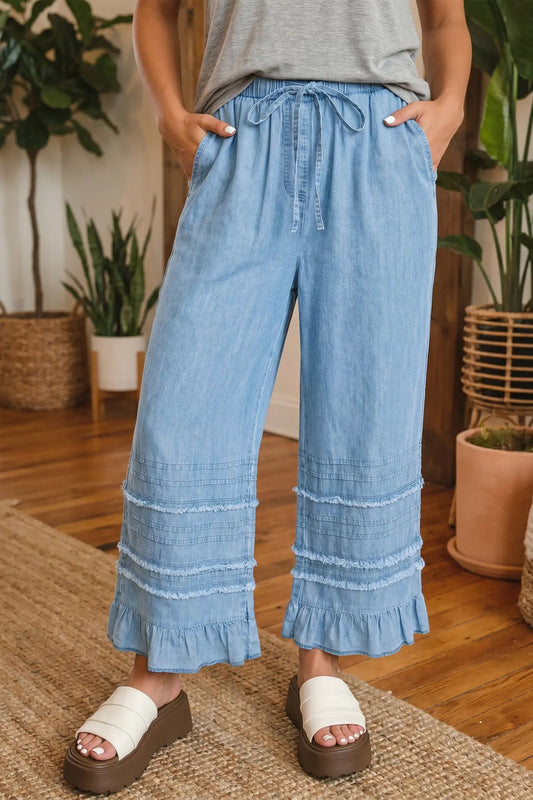 Beau Ruffled Hem Wide Leg Chambray Pants – Blue