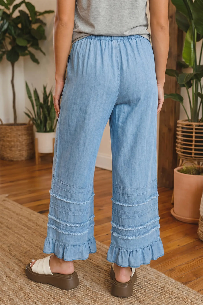 Beau Ruffled Hem Wide Leg Chambray Pants – Blue