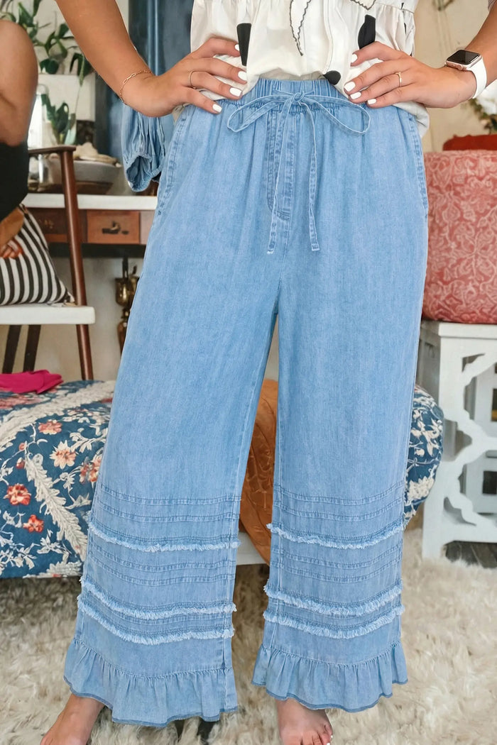 Beau Ruffled Hem Wide Leg Chambray Pants – Blue