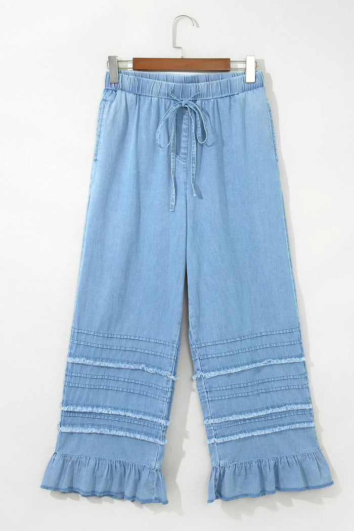 Beau Ruffled Hem Wide Leg Chambray Pants – Blue