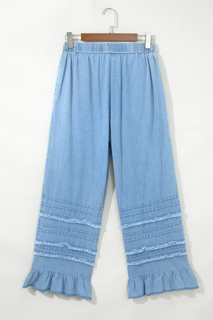 Beau Ruffled Hem Wide Leg Chambray Pants – Blue