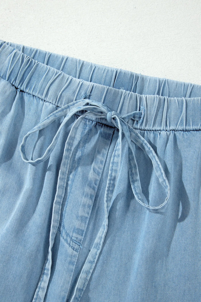 Beau Ruffled Hem Wide Leg Chambray Pants – Blue