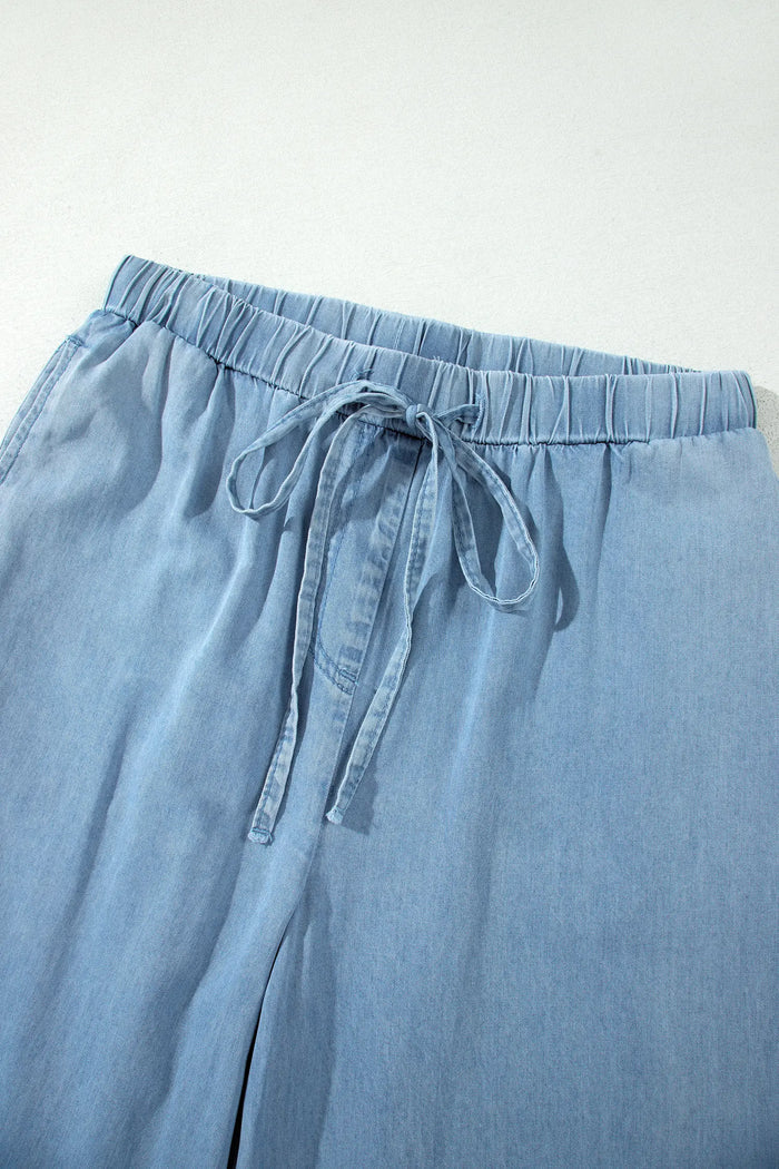Beau Ruffled Hem Wide Leg Chambray Pants – Blue