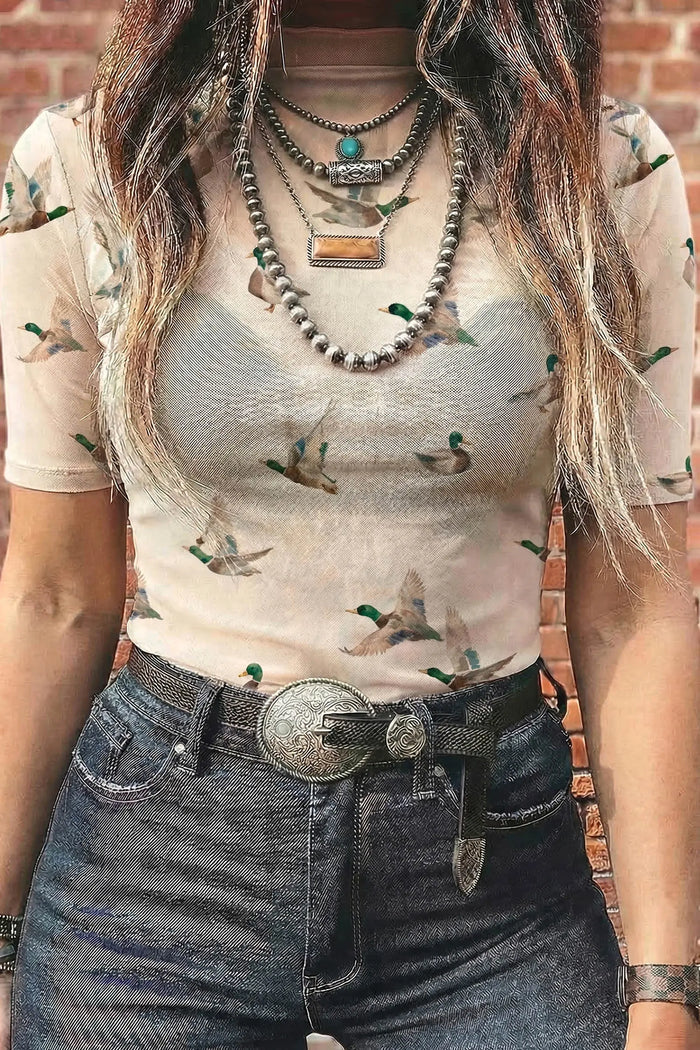 Beige Mallard Print Sheer Mesh Short Sleeve Top