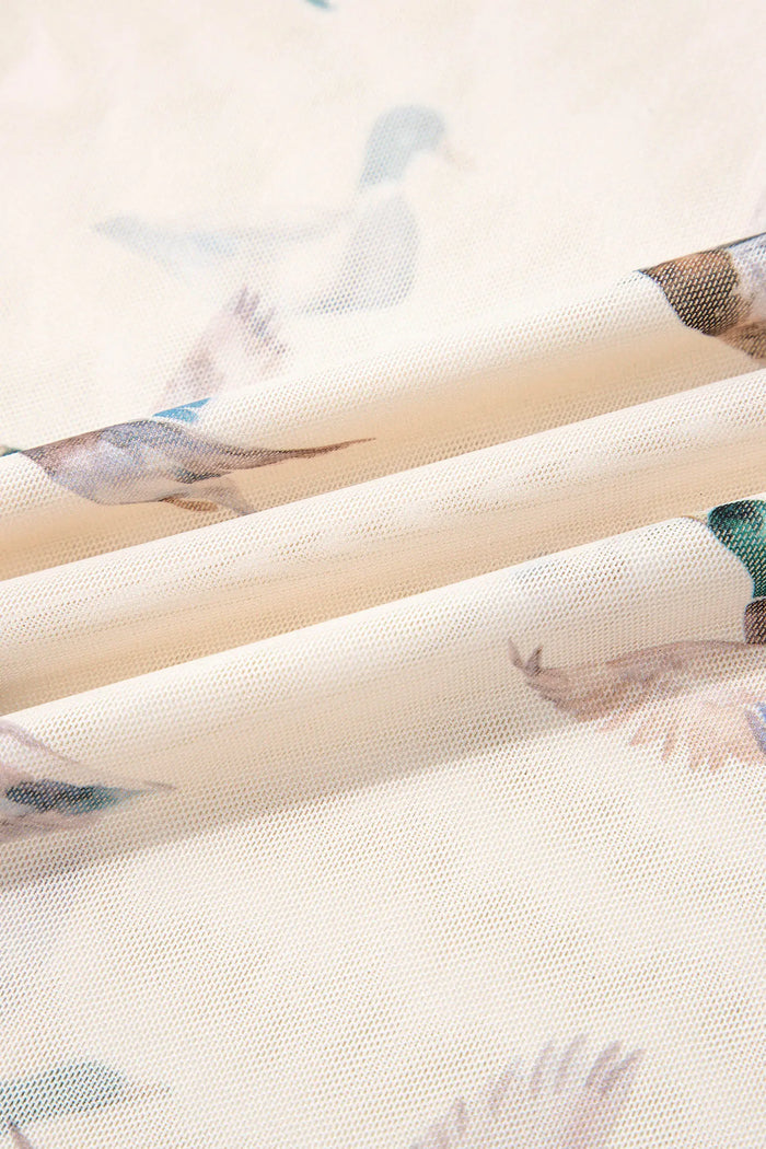 Beige Mallard Print Sheer Mesh Short Sleeve Top