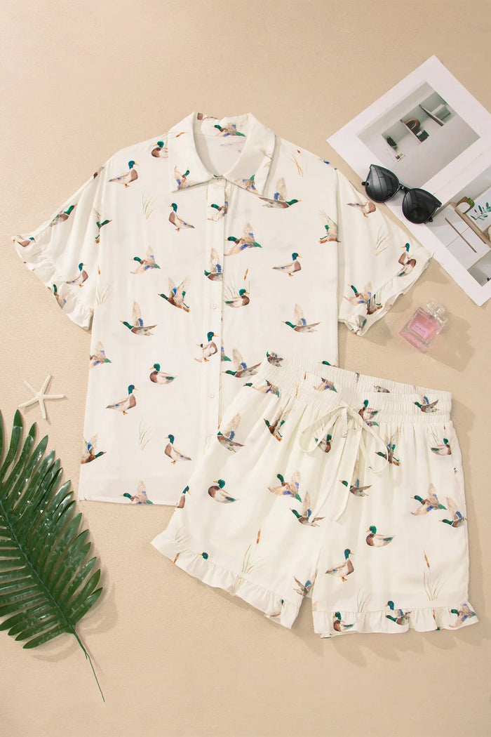 Beige Mallard Print Shirt & Shorts Two Piece Set