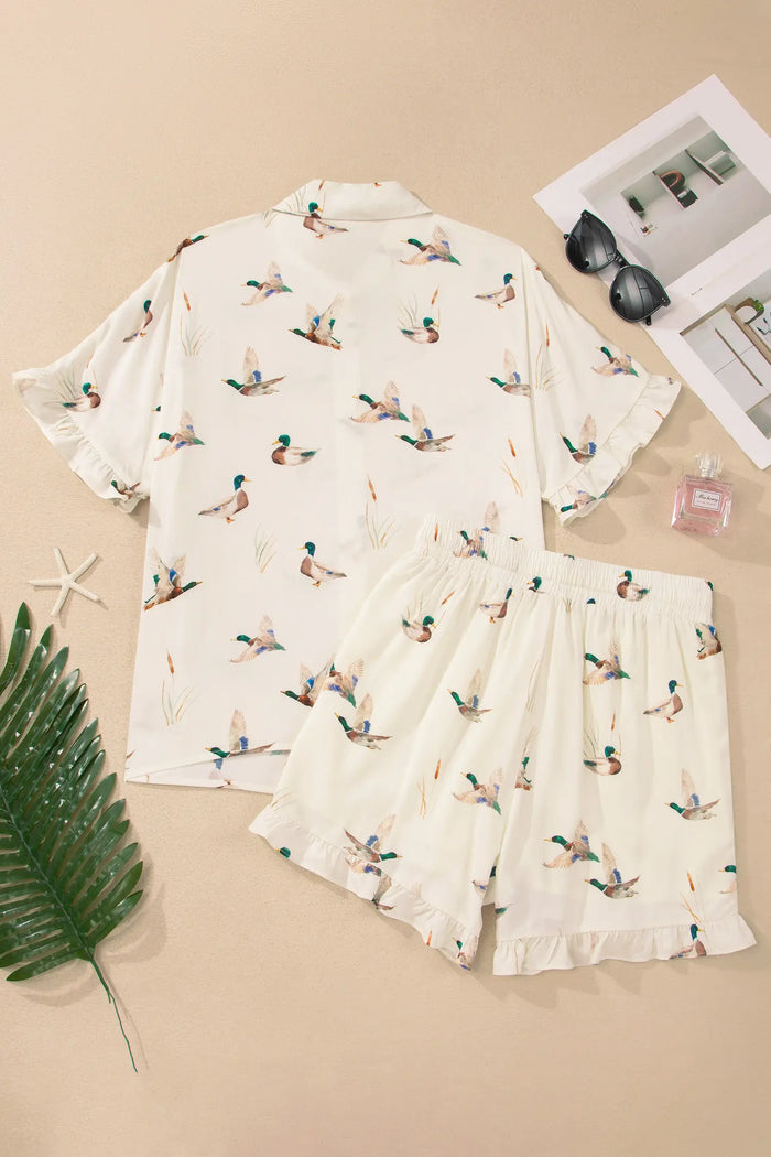 Beige Mallard Print Shirt & Shorts Two Piece Set