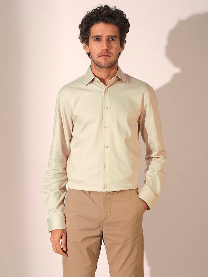 Beige Slim Fit Stretch Formal Shirt