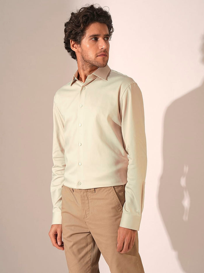 Beige Slim Fit Stretch Formal Shirt