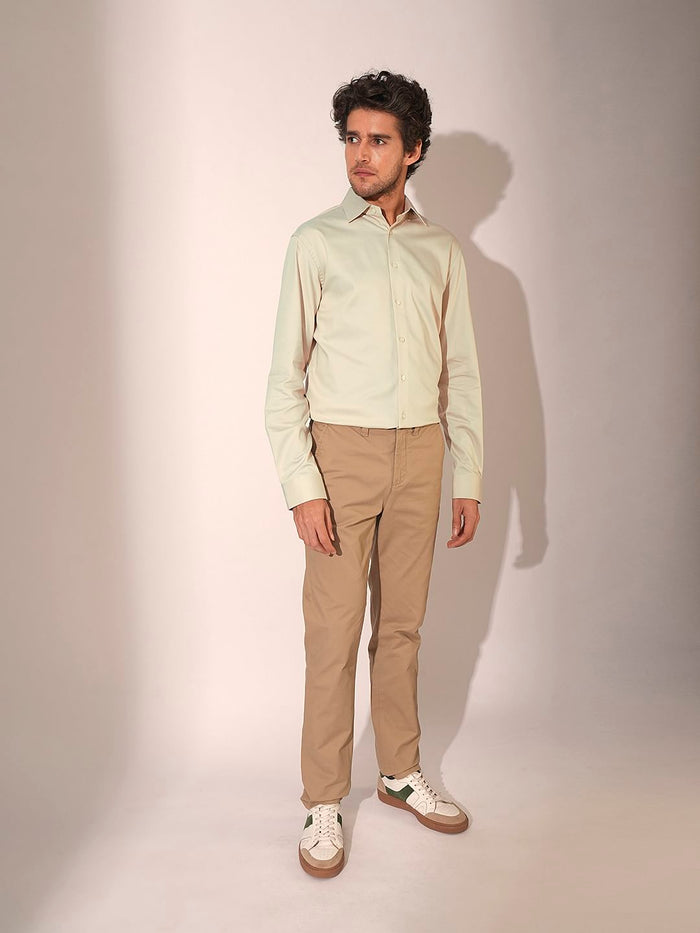 Beige Slim Fit Stretch Formal Shirt