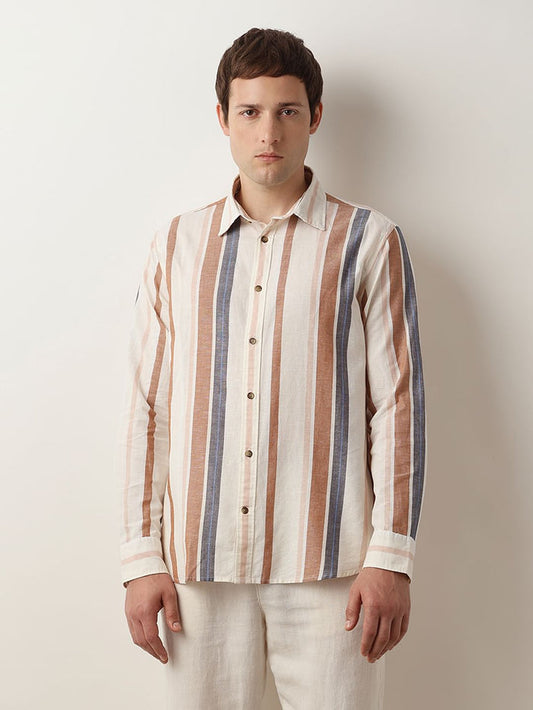 Beige Striped Linen Full Sleeves Shirt