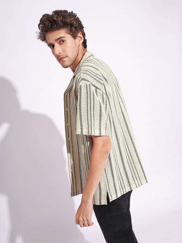 Beige Textured Striped Short Sleeves Shirt