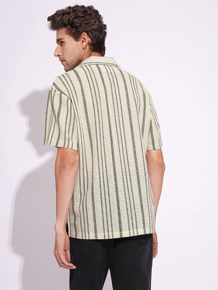 Beige Textured Striped Short Sleeves Shirt