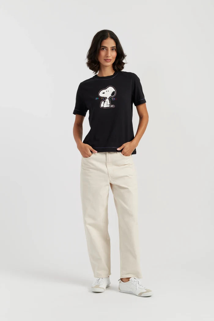 Black Cotton Snoopy Embroidered T-Shirt