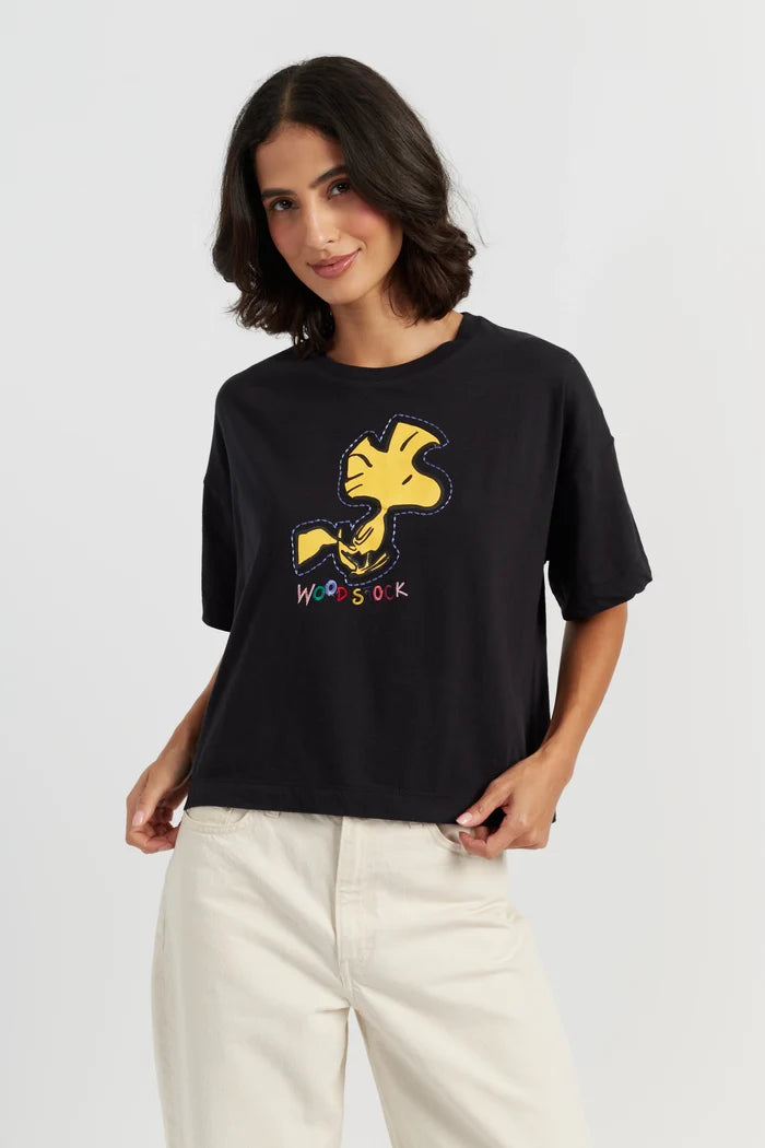 Black Cotton Woodstock Embroidered T-Shirt