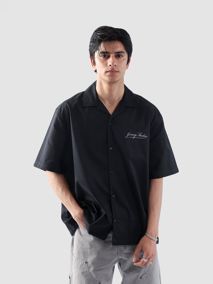 Black Cuban shirt male model side view full body Pakistan – GROOVY