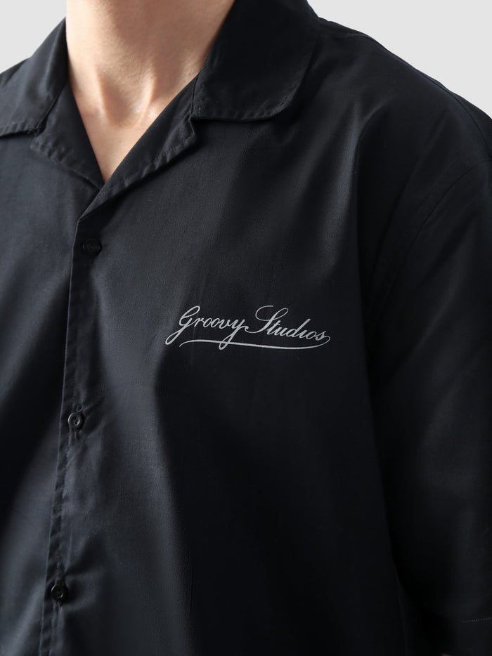 Black Cuban shirt male model half body front detail Pakistan – GROOVY