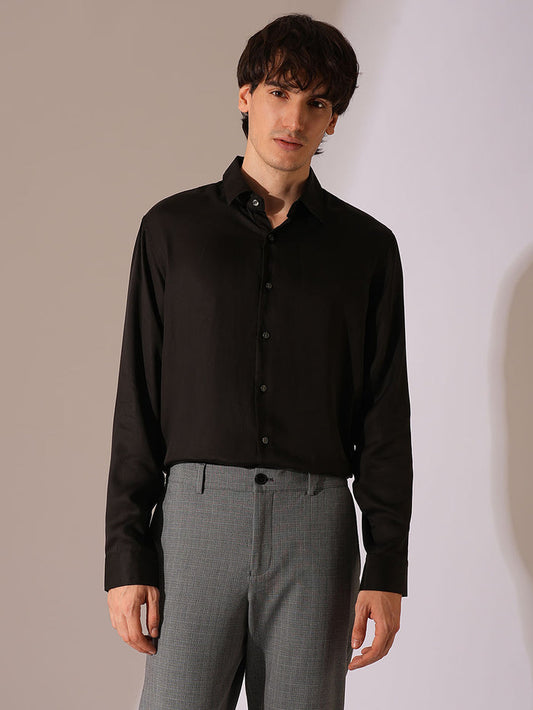 Black Lyocell Satin Relaxed Fit Shirt