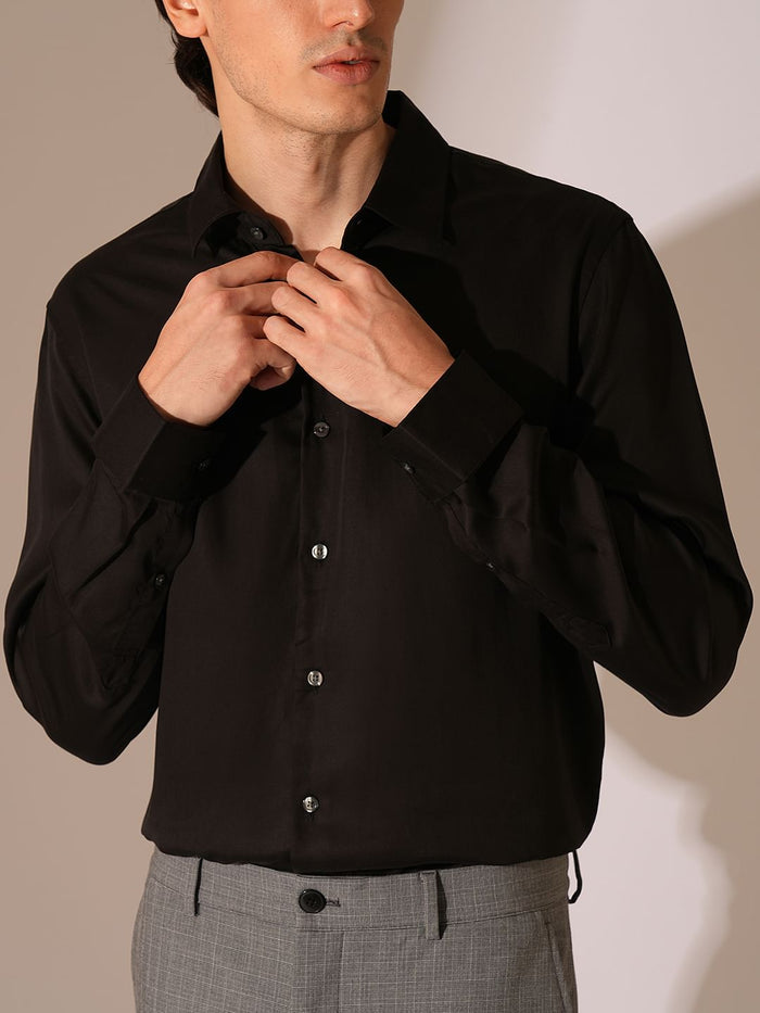 Black Lyocell Satin Relaxed Fit Shirt