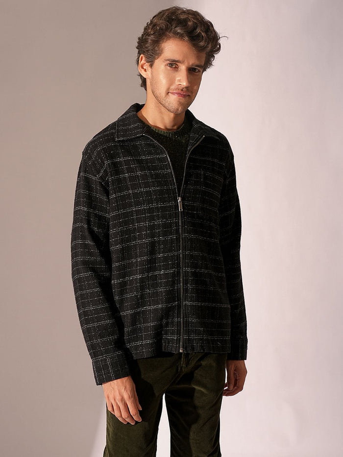 Black Printed Zip-Up Overshirt