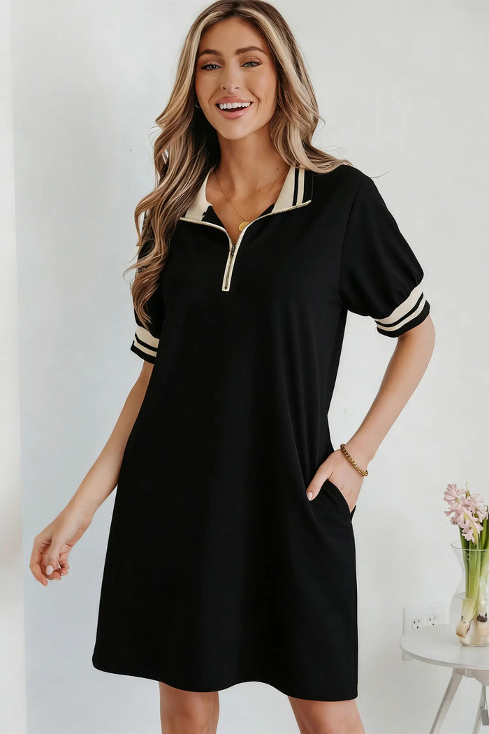 Black Striped Webbing Trim Preppy Polo Tee Dress