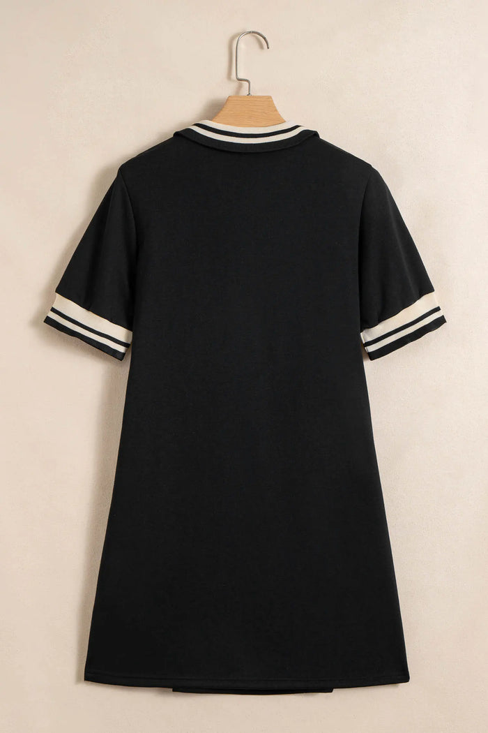 Black Striped Webbing Trim Preppy Polo Tee Dress