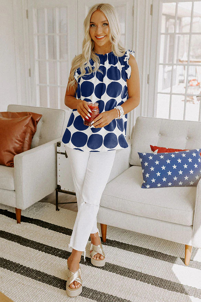 Blue Polka Dot Print Frilled Round Neck Shift Tank Top