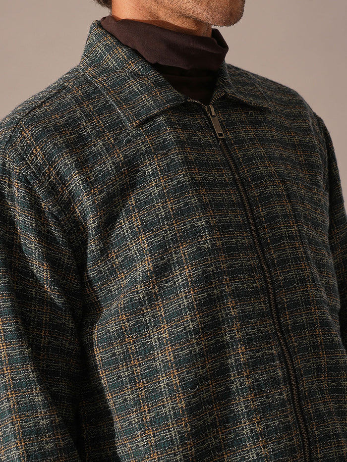 Blue Printed Zip-Up Overshirt