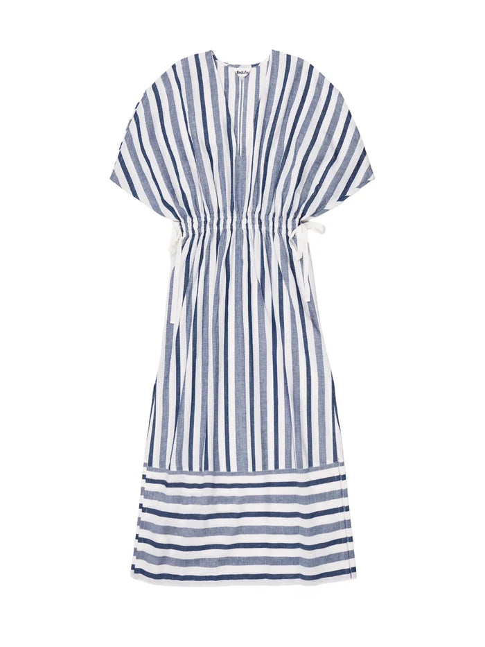 Blue Stripe Linen Blend Tie Waist Dress