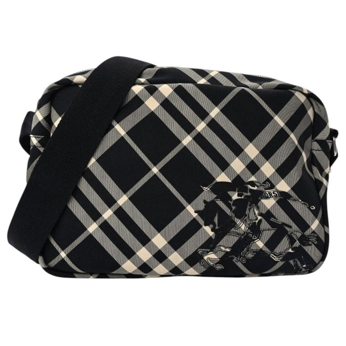 Burberry black and white EKD check canvas duffel bag with logo detail.