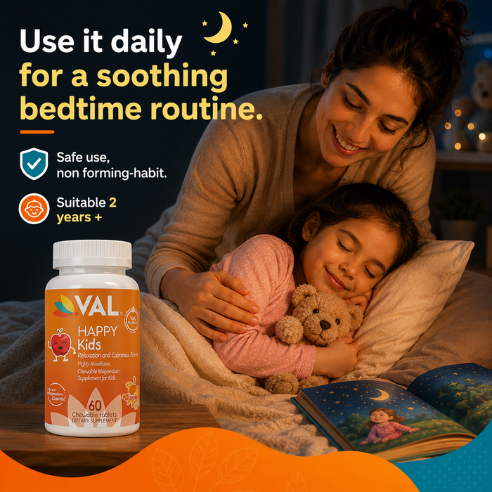 Calm, Focus & Relaxation Sugar-Free Chewable Magnesium for Kids | 60 Tablets | VAL Happy Kids | Apple