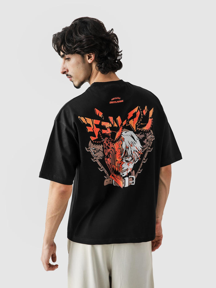 Chainsaw Man Denji tee female model back view anime print Pakistan – GROOVY