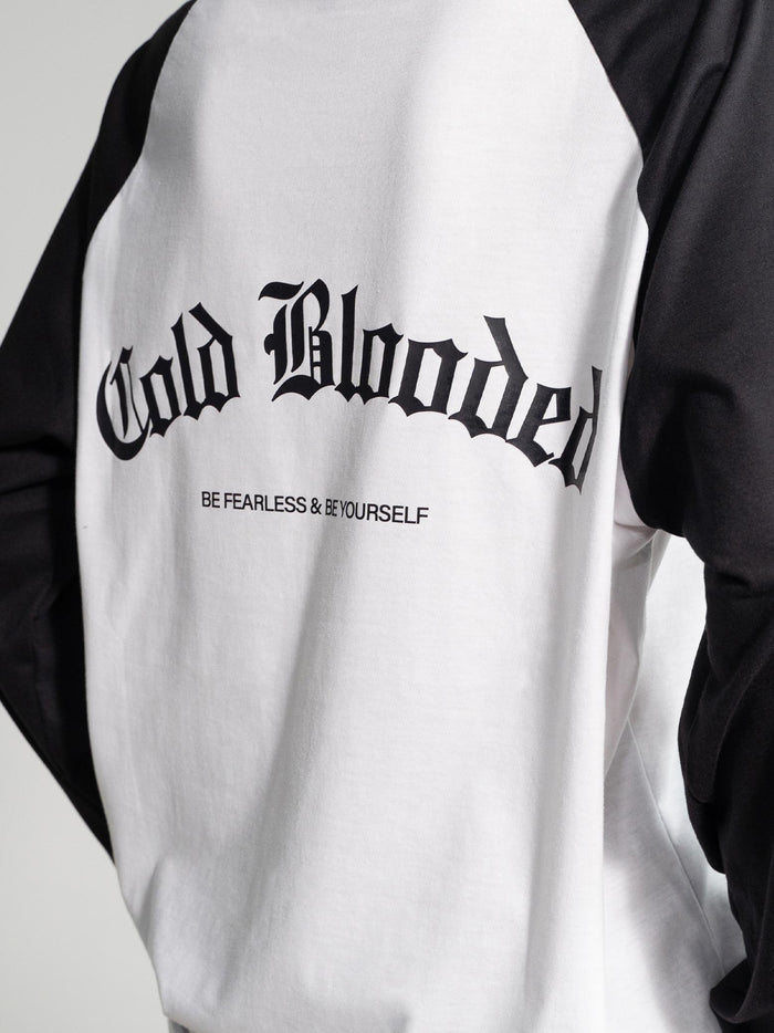 Cold Blooded raglan tee male model full body front black white Pakistan – GROOVY