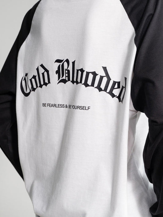 Cold Blooded raglan tee male model full body front black white Pakistan – GROOVY