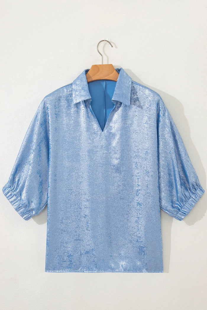 Collared V-Neck Half Sleeve Metallic Top