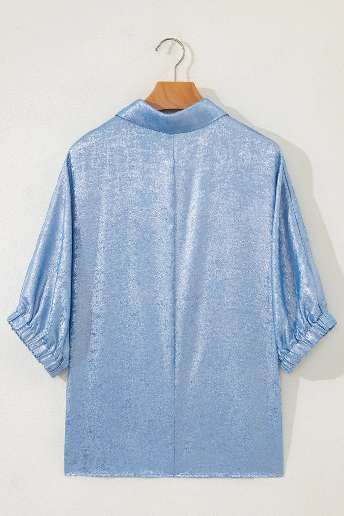 Collared V-Neck Half Sleeve Metallic Top