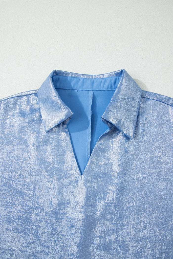 Collared V-Neck Half Sleeve Metallic Top