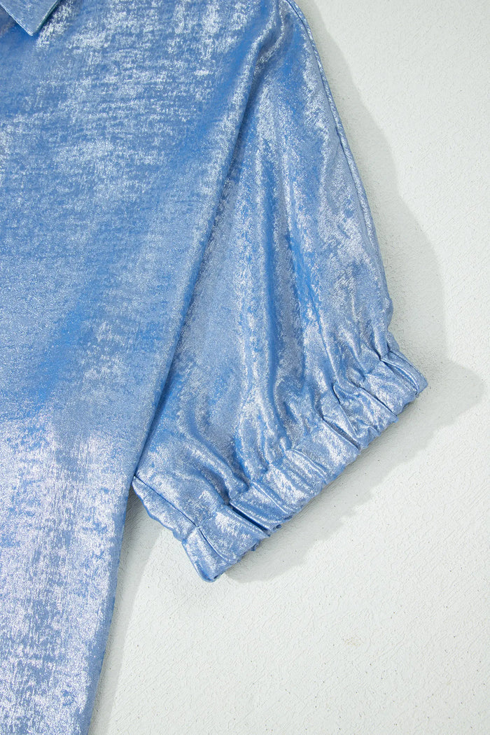 Collared V-Neck Half Sleeve Metallic Top