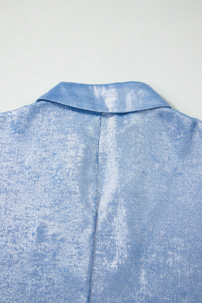 Collared V-Neck Half Sleeve Metallic Top