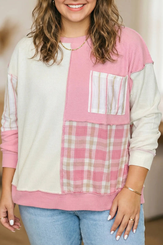 Colorblock Plaid Panel Long Sleeve Plus Size Blouse – Pink