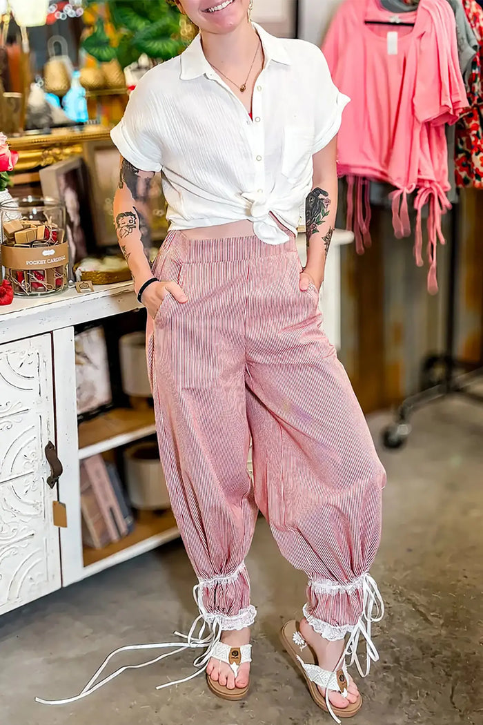 Contrast Lace Ribbon Tie Detail Wide Leg Pants – Red Stripe