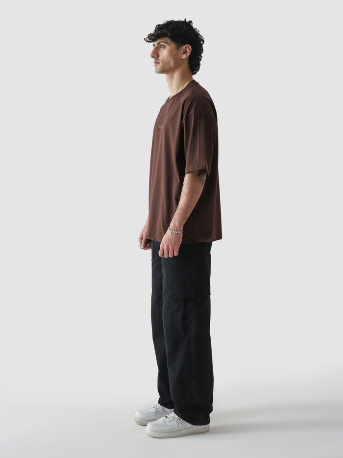 Mocha brown CORE tee male model back view 220 GSM cotton oversized Pakistan – GROOVY