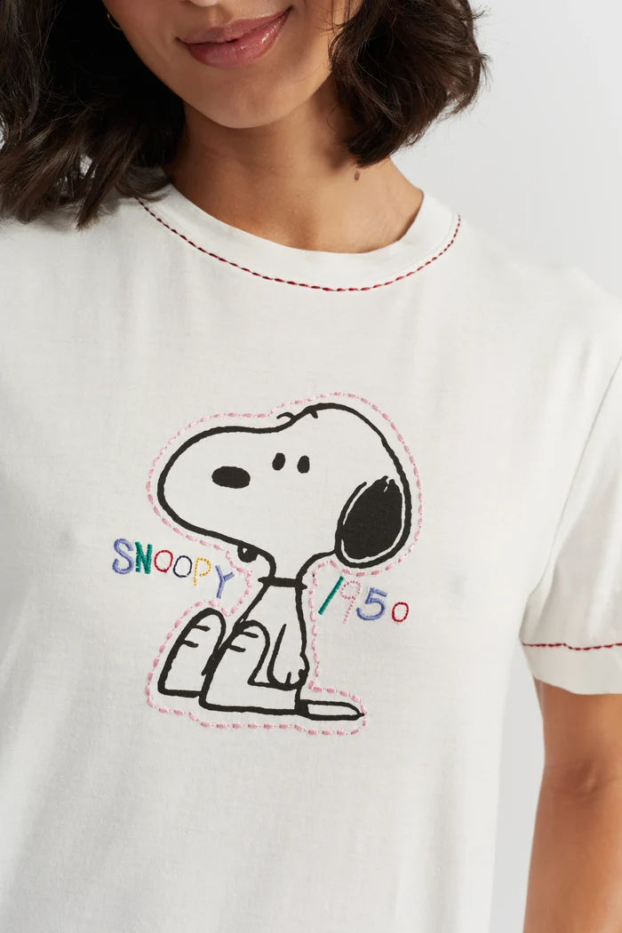 Cream Cotton Snoopy Embroidered T-Shirt
