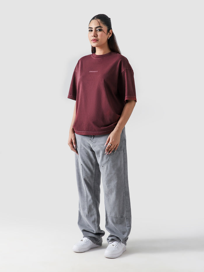Crimson Washed Blank Tee Male Model Side View – GROOVY Pakistan
