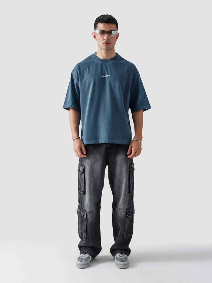 Deep Blue Washed Blank Tee Male Model Front View – GROOVY Pakistan