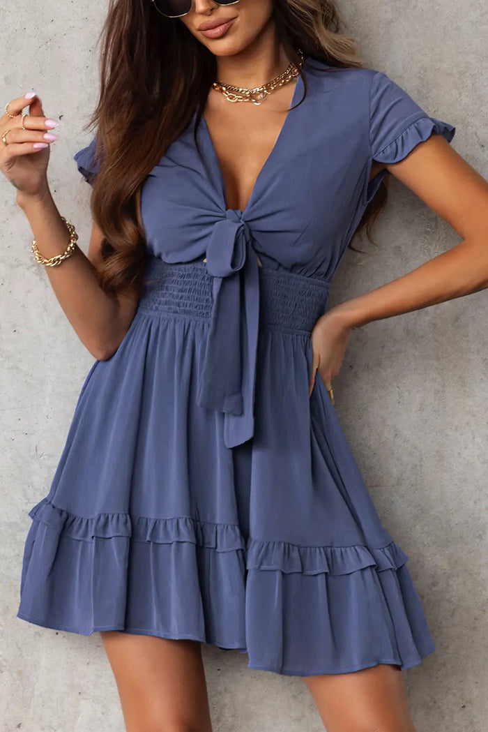 Deep V-Neck Self-Tie Knotted Front Layered Flare Mini Dress