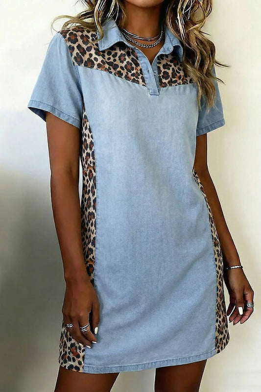 Denim Leopard Patchwork Shirt Collar Mini Dress – Blue