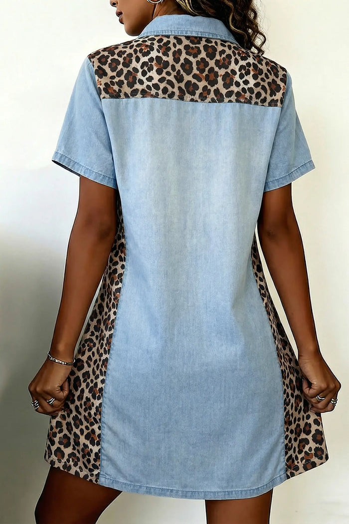 Denim Leopard Patchwork Shirt Collar Mini Dress – Blue