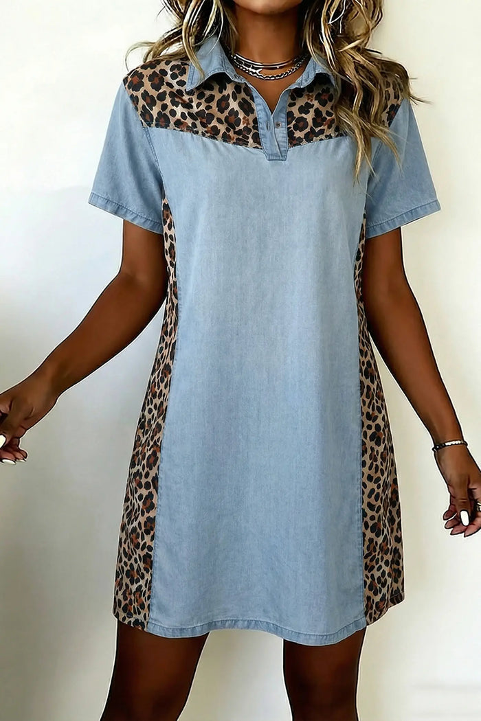 Denim Leopard Patchwork Shirt Collar Mini Dress – Blue