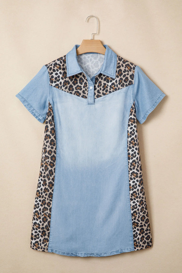 Denim Leopard Patchwork Shirt Collar Mini Dress – Blue